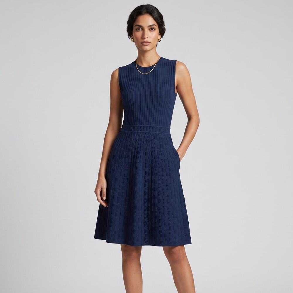 Tory Burch NWOT Liana Knit Fit Flare Dress Navy Blue Ribbed Pleated Sleeveless S